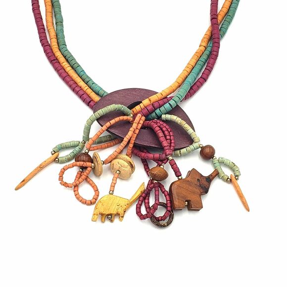 Elephant Giraffe Green Orange Red Wood Beads Fetish Necklace Boho Chic Festival - Picture 1 of 9